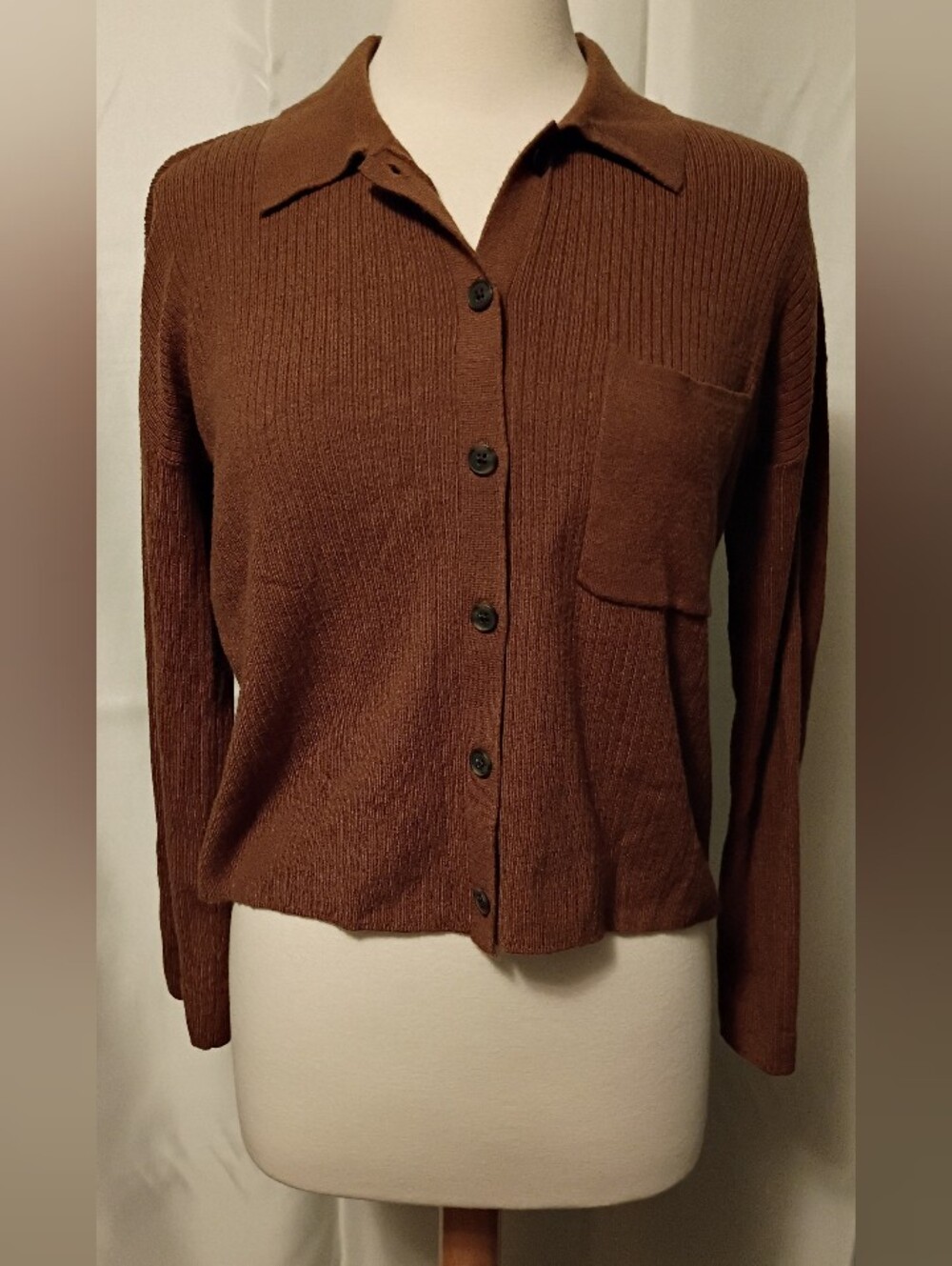 Loft Chocolate Brown Button Up Ribbed Knit Collared Sweater Top Shirt Sz Small